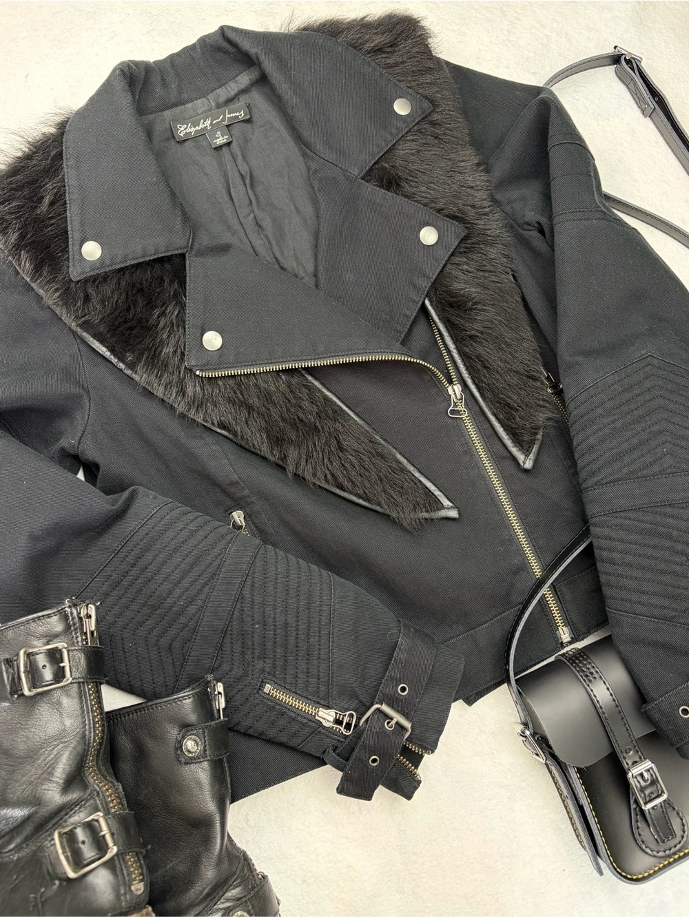 Elizabeth and James Moto Jacket Faux Fur Collar Black Cropped Size Small